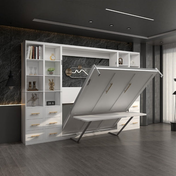 English Elm Hidden Queen Wall Bed with Fold Down Desk and Four Storage Cabinets for Small Spaces White W5290S00026