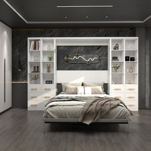 English Elm Hidden Queen Wall Bed with Fold Down Desk and Four Storage Cabinets for Small Spaces White W5290S00026