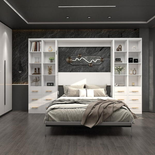 English Elm Hidden Queen Wall Bed with Fold Down Desk and Four Storage Cabinets for Small Spaces White W5290S00026