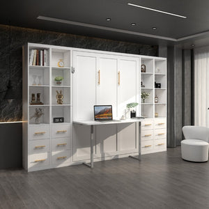 English Elm Hidden Queen Wall Bed with Fold Down Desk and Four Storage Cabinets for Small Spaces White W5290S00026