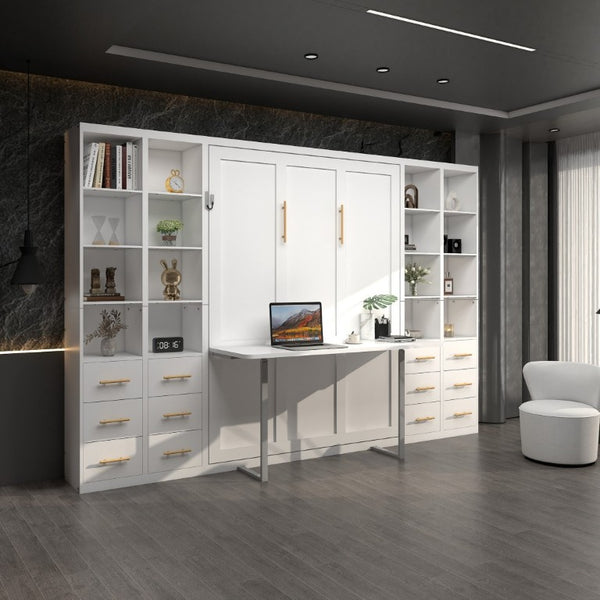 English Elm Hidden Queen Wall Bed with Fold Down Desk and Four Storage Cabinets for Small Spaces White W5290S00026
