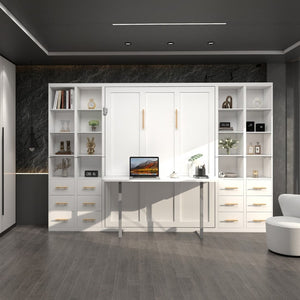 English Elm Hidden Queen Wall Bed with Fold Down Desk and Four Storage Cabinets for Small Spaces White W5290S00026