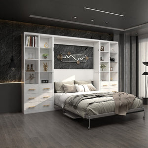 English Elm Hidden Queen Wall Bed with Fold Down Desk and Four Storage Cabinets for Small Spaces White W5290S00026