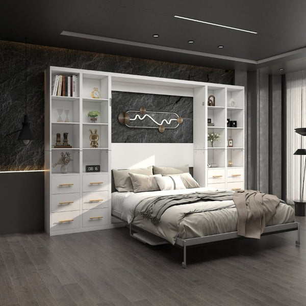 English Elm Hidden Queen Wall Bed with Fold Down Desk and Four Storage Cabinets for Small Spaces White W5290S00026