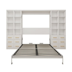 English Elm Hidden Queen Wall Bed with Fold Down Desk and Four Storage Cabinets for Small Spaces White W5290S00026