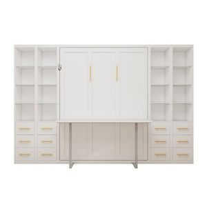 English Elm Hidden Queen Wall Bed with Fold Down Desk and Four Storage Cabinets for Small Spaces White W5290S00026