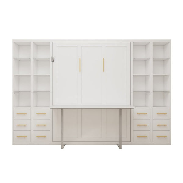 English Elm Hidden Queen Wall Bed with Fold Down Desk and Four Storage Cabinets for Small Spaces White W5290S00026