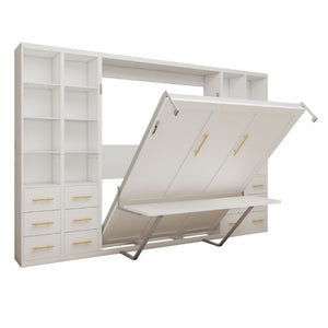 English Elm Hidden Queen Wall Bed with Fold Down Desk and Four Storage Cabinets for Small Spaces White W5290S00026