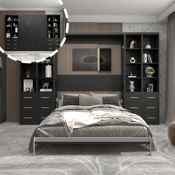 English Elm Multifunctional Queen Murphy Bed with Four Storage Cabinets for Modern Living Spaces Black W5290S00027