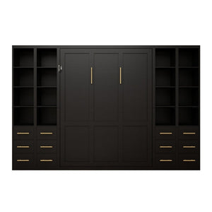 English Elm Multifunctional Queen Murphy Bed with Four Storage Cabinets for Modern Living Spaces Black W5290S00027