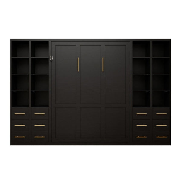 English Elm Multifunctional Queen Murphy Bed with Four Storage Cabinets for Modern Living Spaces Black W5290S00027