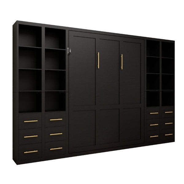 English Elm Multifunctional Queen Murphy Bed with Four Storage Cabinets for Modern Living Spaces Black W5290S00027