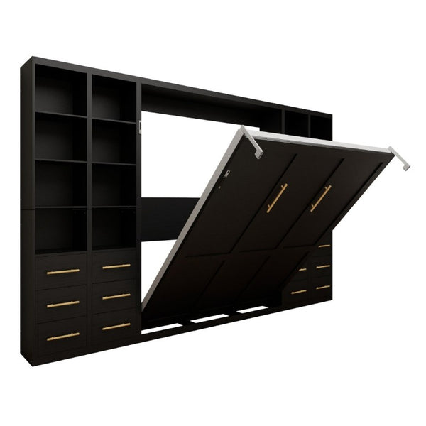 English Elm Multifunctional Queen Murphy Bed with Four Storage Cabinets for Modern Living Spaces Black W5290S00027