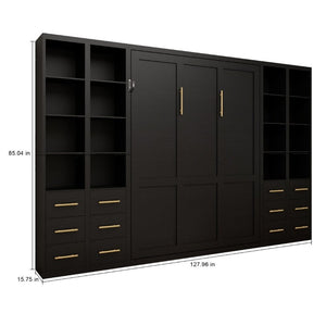 English Elm Multifunctional Queen Murphy Bed with Four Storage Cabinets for Modern Living Spaces Black W5290S00027