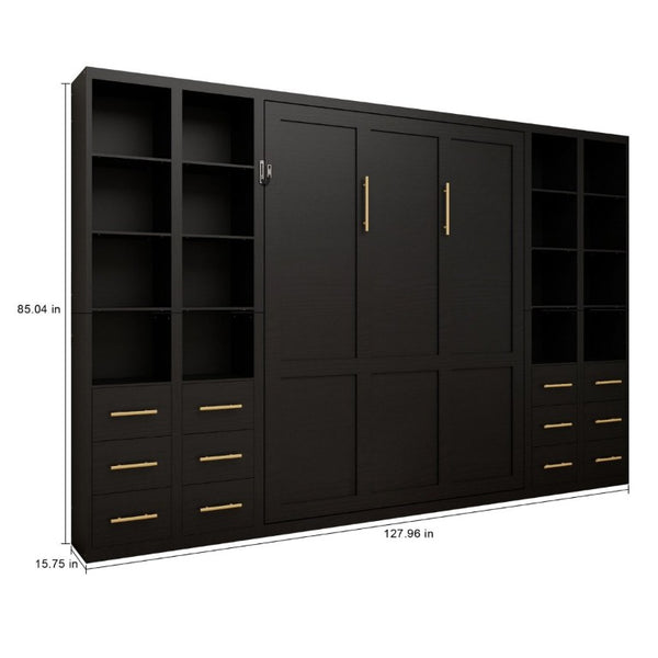 English Elm Multifunctional Queen Murphy Bed with Four Storage Cabinets for Modern Living Spaces Black W5290S00027