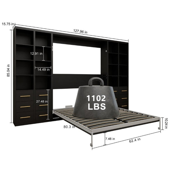 English Elm Multifunctional Queen Murphy Bed with Four Storage Cabinets for Modern Living Spaces Black W5290S00027