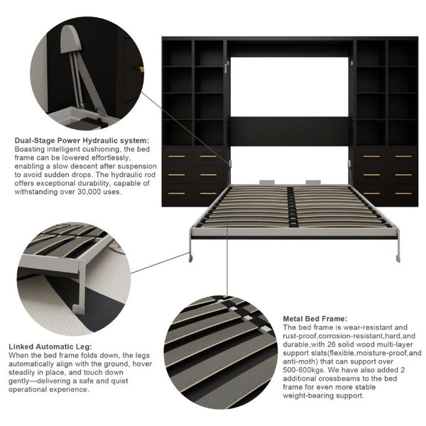 English Elm Multifunctional Queen Murphy Bed with Four Storage Cabinets for Modern Living Spaces Black W5290S00027