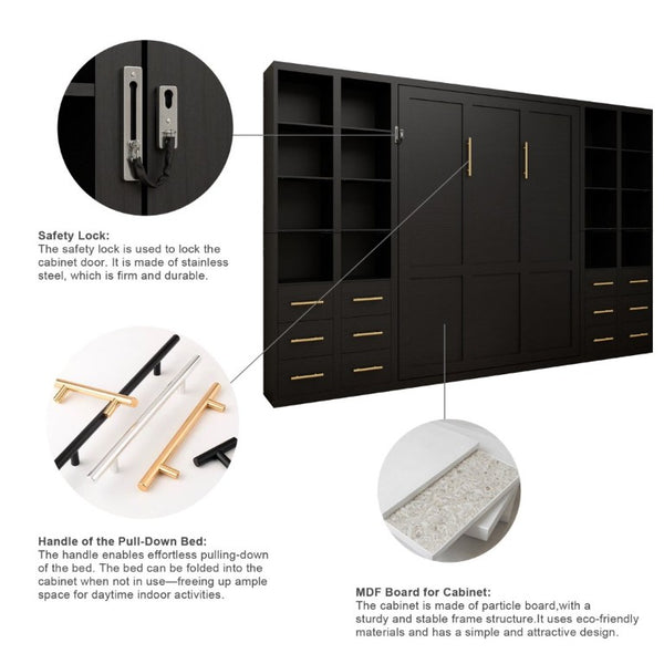 English Elm Multifunctional Queen Murphy Bed with Four Storage Cabinets for Modern Living Spaces Black W5290S00027