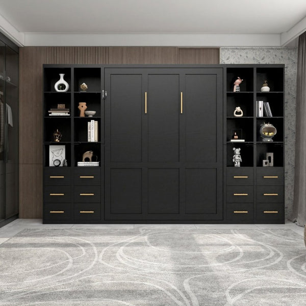 English Elm Multifunctional Queen Murphy Bed with Four Storage Cabinets for Modern Living Spaces Black W5290S00027