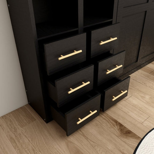 English Elm Multifunctional Queen Murphy Bed with Four Storage Cabinets for Modern Living Spaces Black W5290S00027
