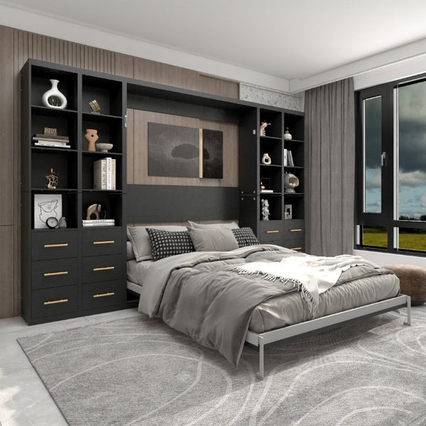 English Elm Multifunctional Queen Murphy Bed with Four Storage Cabinets for Modern Living Spaces Black W5290S00027