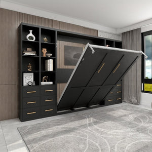 English Elm Multifunctional Queen Murphy Bed with Four Storage Cabinets for Modern Living Spaces Black W5290S00027