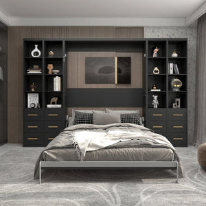 English Elm Multifunctional Queen Murphy Bed with Four Storage Cabinets for Modern Living Spaces Black W5290S00027