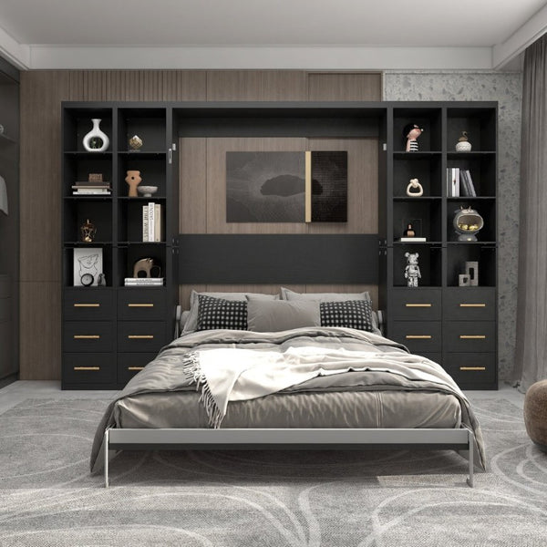 English Elm Multifunctional Queen Murphy Bed with Four Storage Cabinets for Modern Living Spaces Black W5290S00027