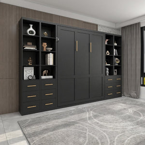 English Elm Multifunctional Queen Murphy Bed with Four Storage Cabinets for Modern Living Spaces Black W5290S00027
