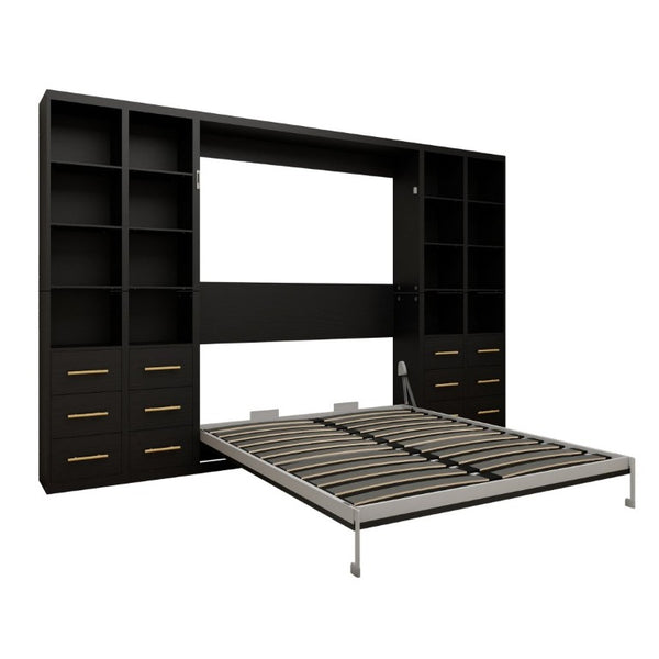 English Elm Multifunctional Queen Murphy Bed with Four Storage Cabinets for Modern Living Spaces Black W5290S00027