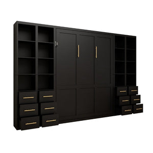 English Elm Multifunctional Queen Murphy Bed with Four Storage Cabinets for Modern Living Spaces Black W5290S00027