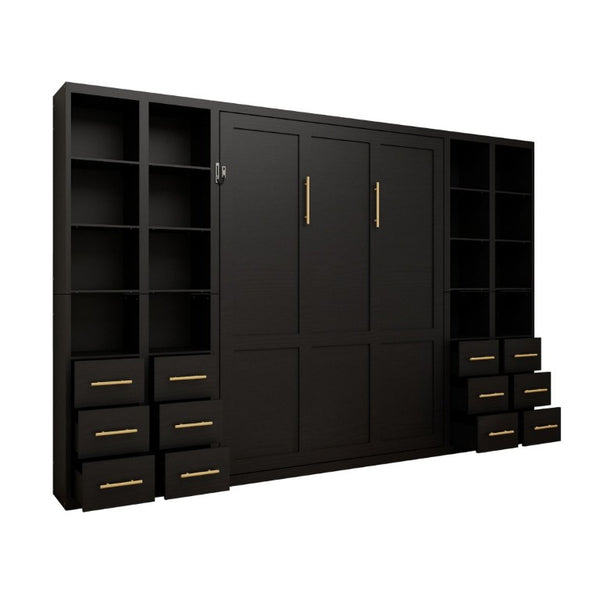 English Elm Multifunctional Queen Murphy Bed with Four Storage Cabinets for Modern Living Spaces Black W5290S00027
