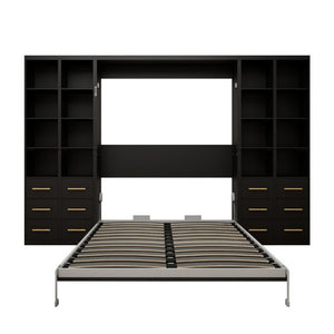 English Elm Multifunctional Queen Murphy Bed with Four Storage Cabinets for Modern Living Spaces Black W5290S00027