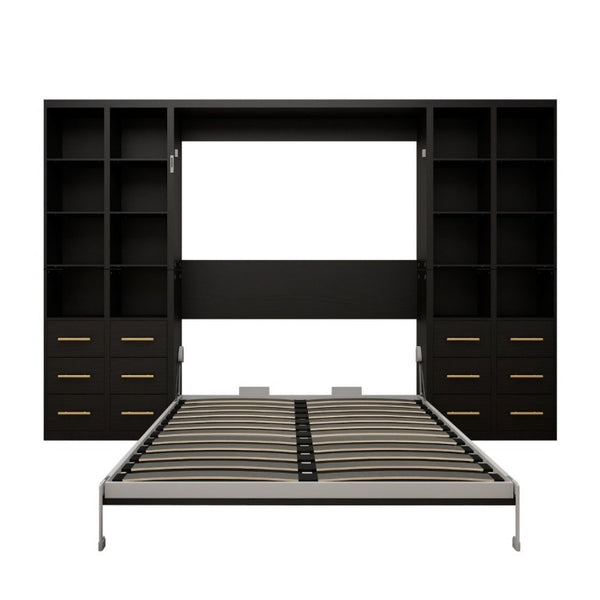 English Elm Multifunctional Queen Murphy Bed with Four Storage Cabinets for Modern Living Spaces Black W5290S00027