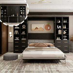 English Elm Hidden Queen Wall Bed with Fold Down Desk and Four Storage Cabinets for Small Spaces Black W5290S00028