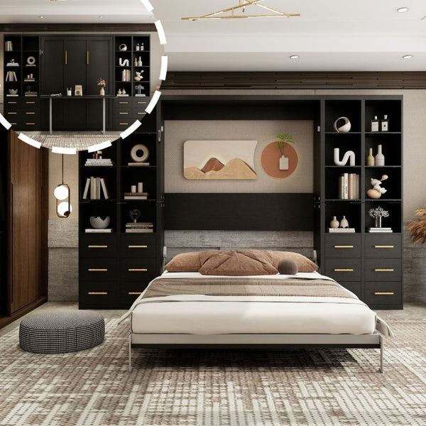 English Elm Hidden Queen Wall Bed with Fold Down Desk and Four Storage Cabinets for Small Spaces Black W5290S00028