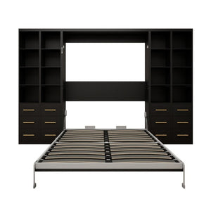 English Elm Hidden Queen Wall Bed with Fold Down Desk and Four Storage Cabinets for Small Spaces Black W5290S00028