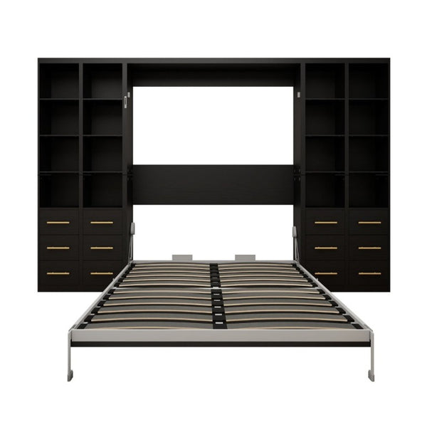 English Elm Hidden Queen Wall Bed with Fold Down Desk and Four Storage Cabinets for Small Spaces Black W5290S00028