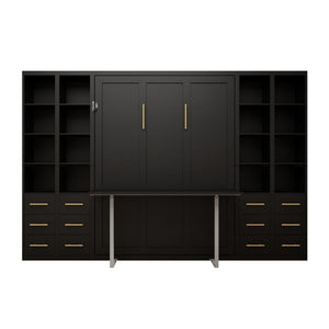 English Elm Hidden Queen Wall Bed with Fold Down Desk and Four Storage Cabinets for Small Spaces Black W5290S00028