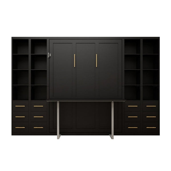English Elm Hidden Queen Wall Bed with Fold Down Desk and Four Storage Cabinets for Small Spaces Black W5290S00028