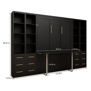 English Elm Hidden Queen Wall Bed with Fold Down Desk and Four Storage Cabinets for Small Spaces Black W5290S00028