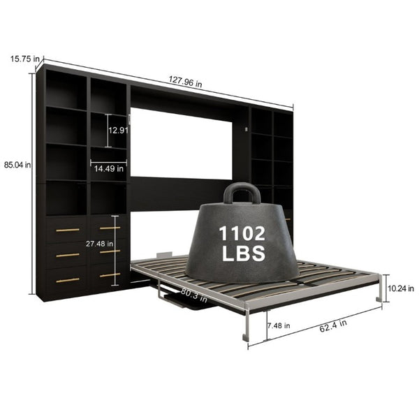English Elm Hidden Queen Wall Bed with Fold Down Desk and Four Storage Cabinets for Small Spaces Black W5290S00028