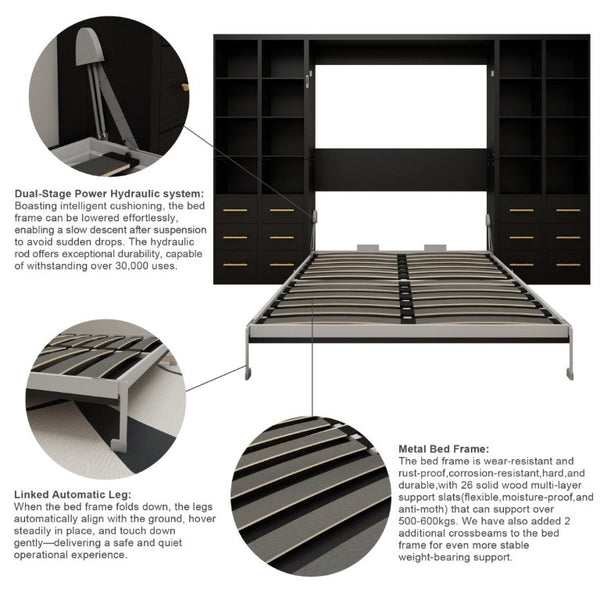 English Elm Hidden Queen Wall Bed with Fold Down Desk and Four Storage Cabinets for Small Spaces Black W5290S00028