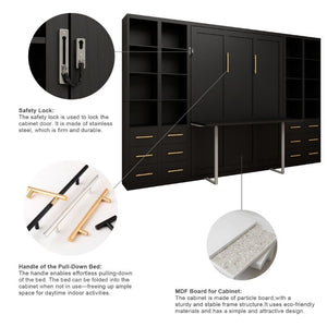 English Elm Hidden Queen Wall Bed with Fold Down Desk and Four Storage Cabinets for Small Spaces Black W5290S00028