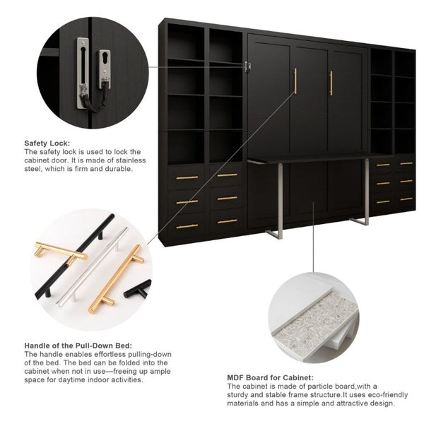 English Elm Hidden Queen Wall Bed with Fold Down Desk and Four Storage Cabinets for Small Spaces Black W5290S00028