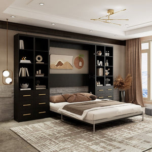 English Elm Hidden Queen Wall Bed with Fold Down Desk and Four Storage Cabinets for Small Spaces Black W5290S00028