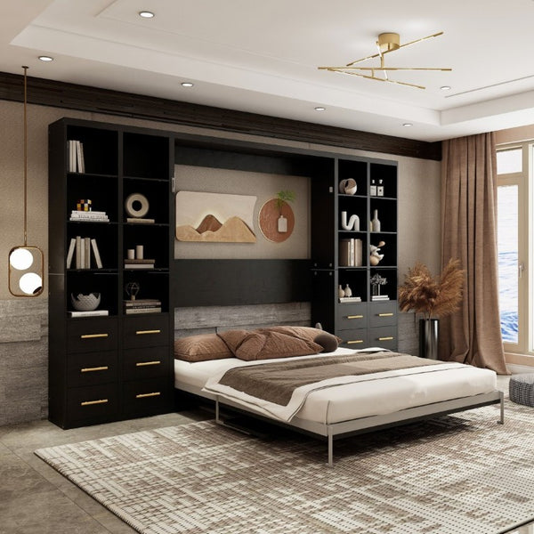 English Elm Hidden Queen Wall Bed with Fold Down Desk and Four Storage Cabinets for Small Spaces Black W5290S00028