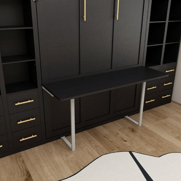 English Elm Hidden Queen Wall Bed with Fold Down Desk and Four Storage Cabinets for Small Spaces Black W5290S00028