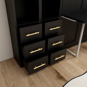 English Elm Hidden Queen Wall Bed with Fold Down Desk and Four Storage Cabinets for Small Spaces Black W5290S00028