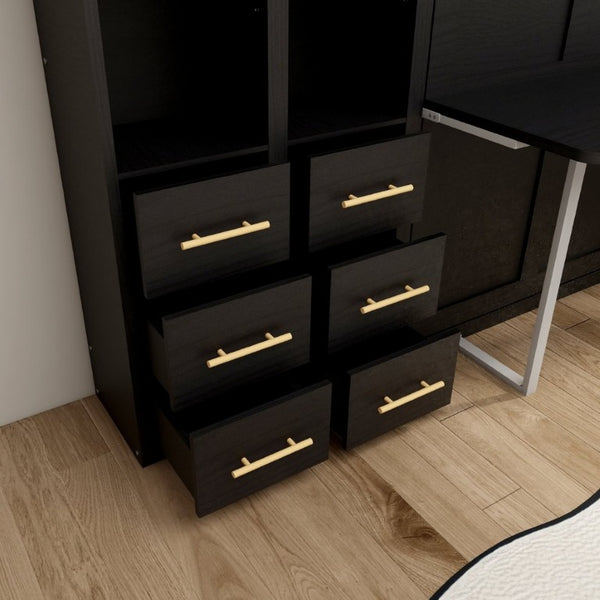 English Elm Hidden Queen Wall Bed with Fold Down Desk and Four Storage Cabinets for Small Spaces Black W5290S00028